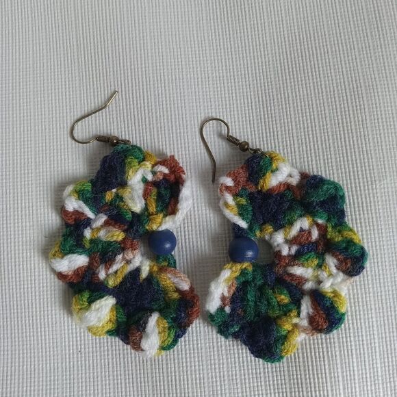 Handmade Multicolored Acrylic Lightweight Crochet Half Flower Dangle Earrings - Picture 3 of 9